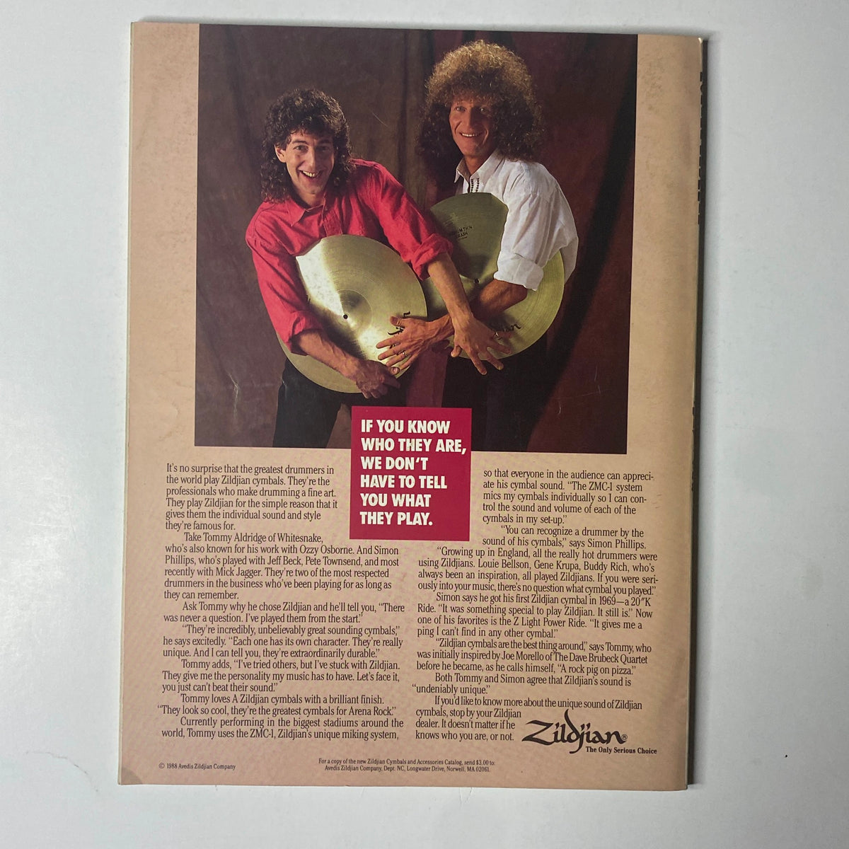 Back cover of Modern Drummer Magazine, July 1988, featuring two drummers showcasing Zildjian cymbals, with text highlighting their expertise. This issue includes interviews with Liberty DeVitto and other prominent musicians.