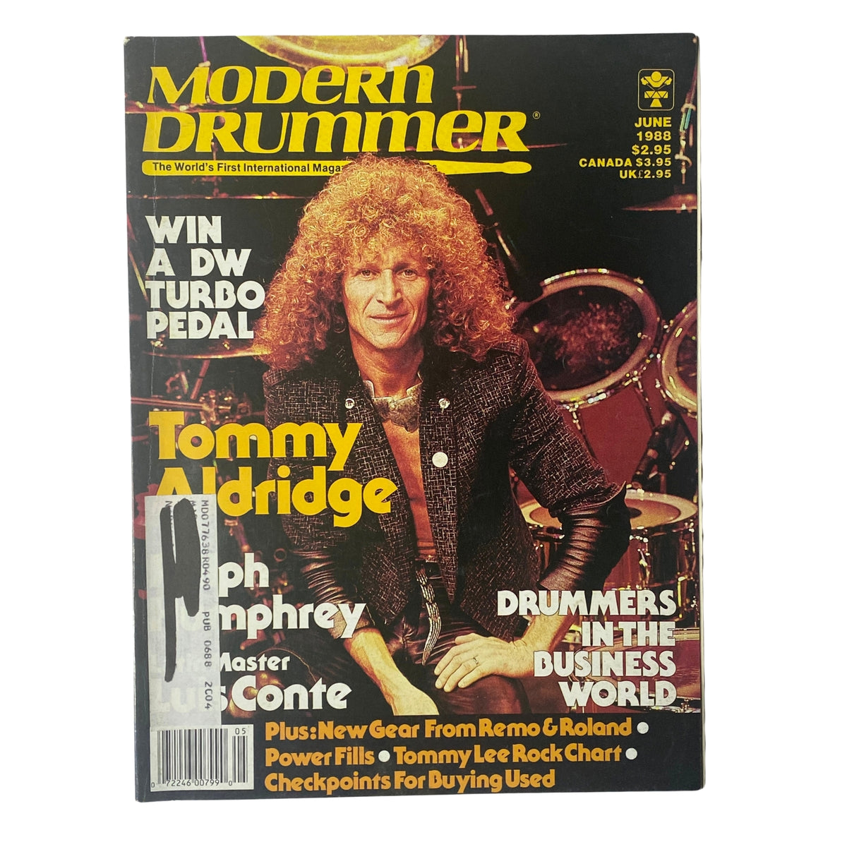 Modern Drummer Magazine June 1988 featuring Tommy Aldridge on the cover, showcasing hard rock drumming and music insights.