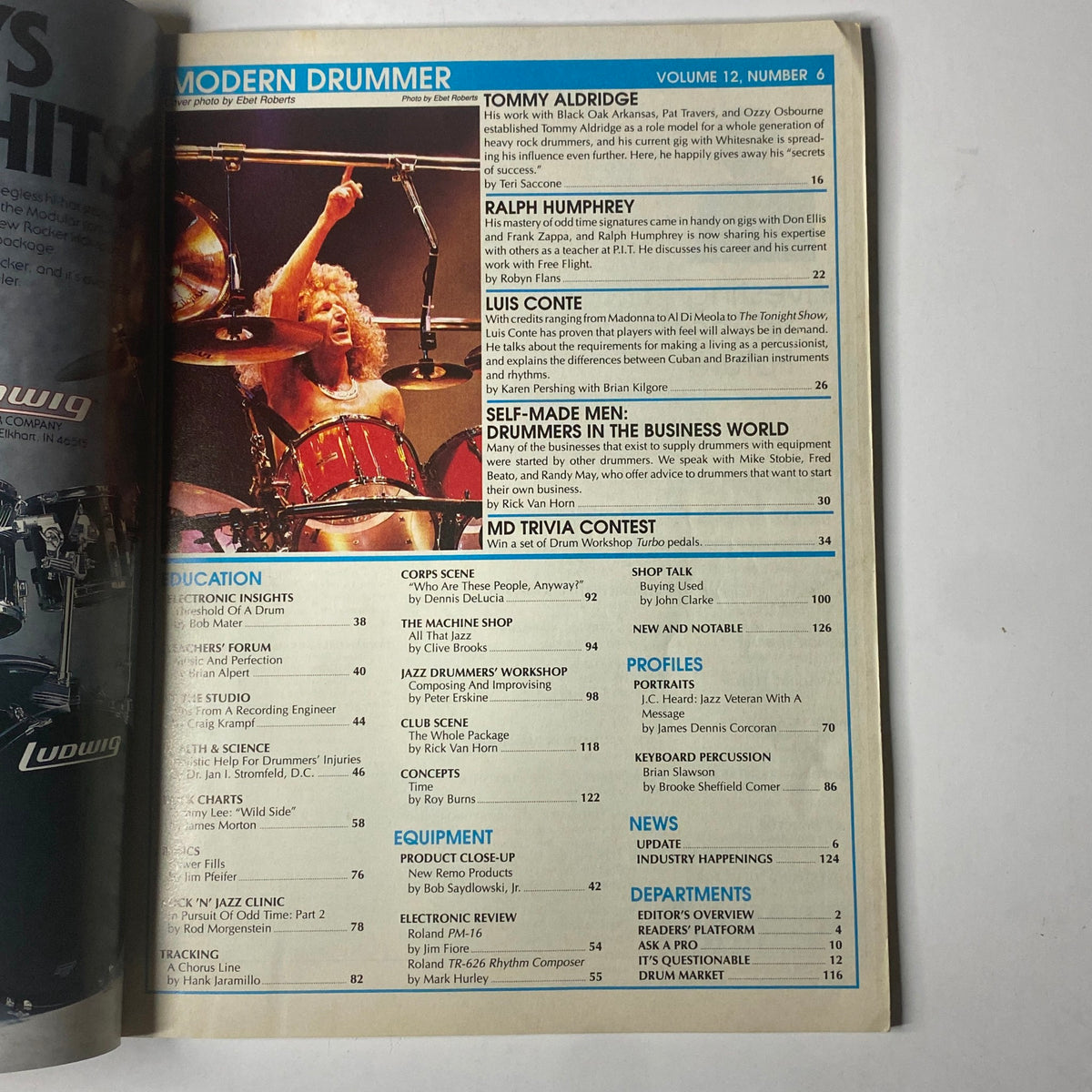 Table of contents from Modern Drummer Magazine June 1988, highlighting articles on Tommy Aldridge, Ralph Humphrey, and Luis Conte.