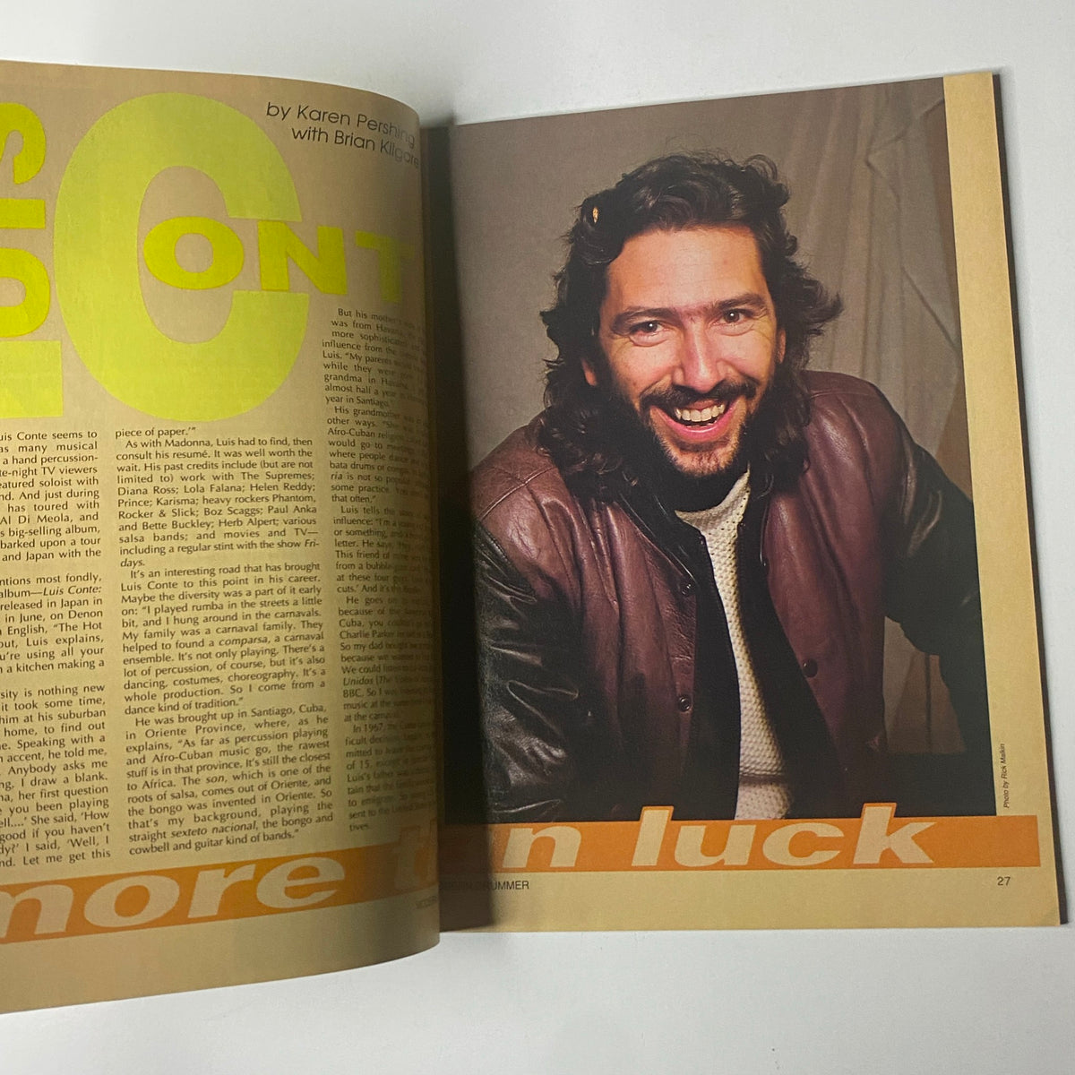 Interview with Luis Conte featured in Modern Drummer Magazine June 1988, focusing on his experiences and insights in percussion.