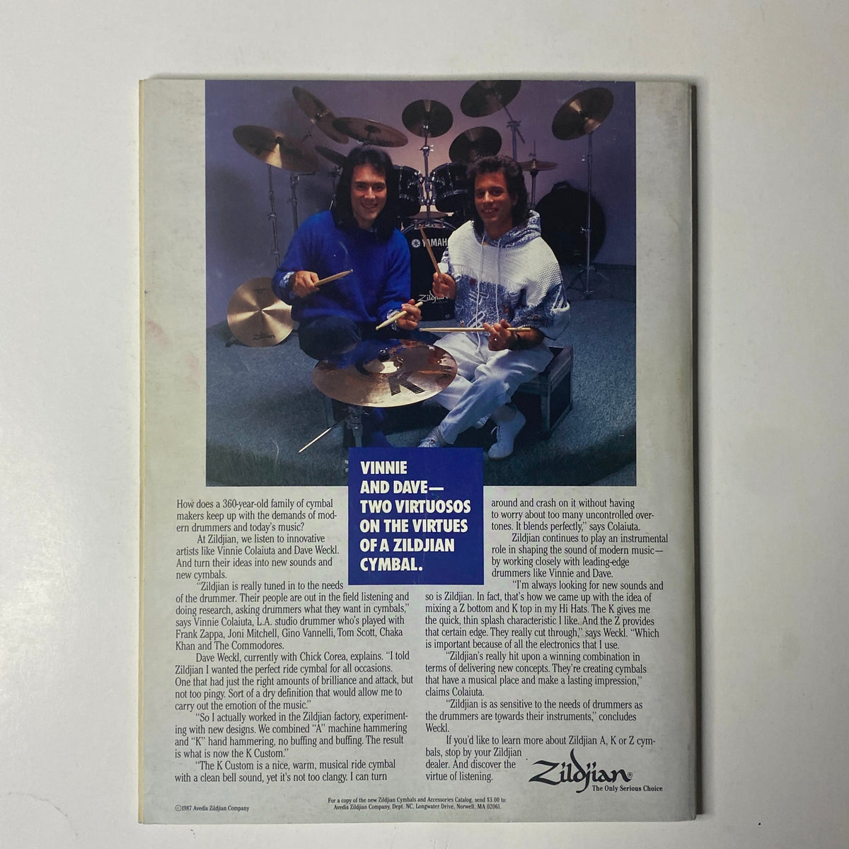 Back cover of Modern Drummer Magazine June 1988, displaying a Zildjian ad featuring drummers Vinnie and Dave.