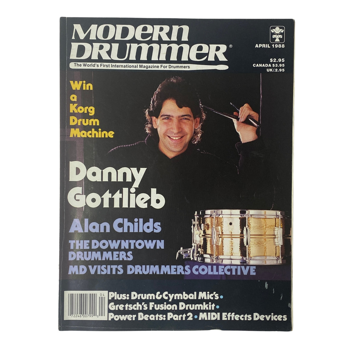 Modern Drummer Magazine April 1988 featuring Danny Gottlieb on the cover, highlighting a Korg Drum Machine contest, with articles including Alan Childs and The Downtown Drummers.