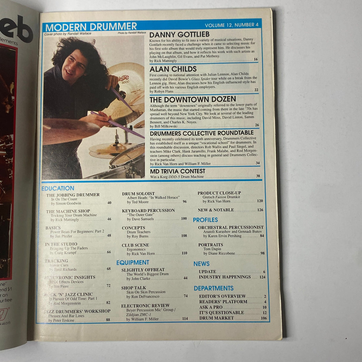 Interior page of Modern Drummer Magazine April 1988, showcasing the table of contents with features on Danny Gottlieb, Alan Childs, and The Downtown Dozen.