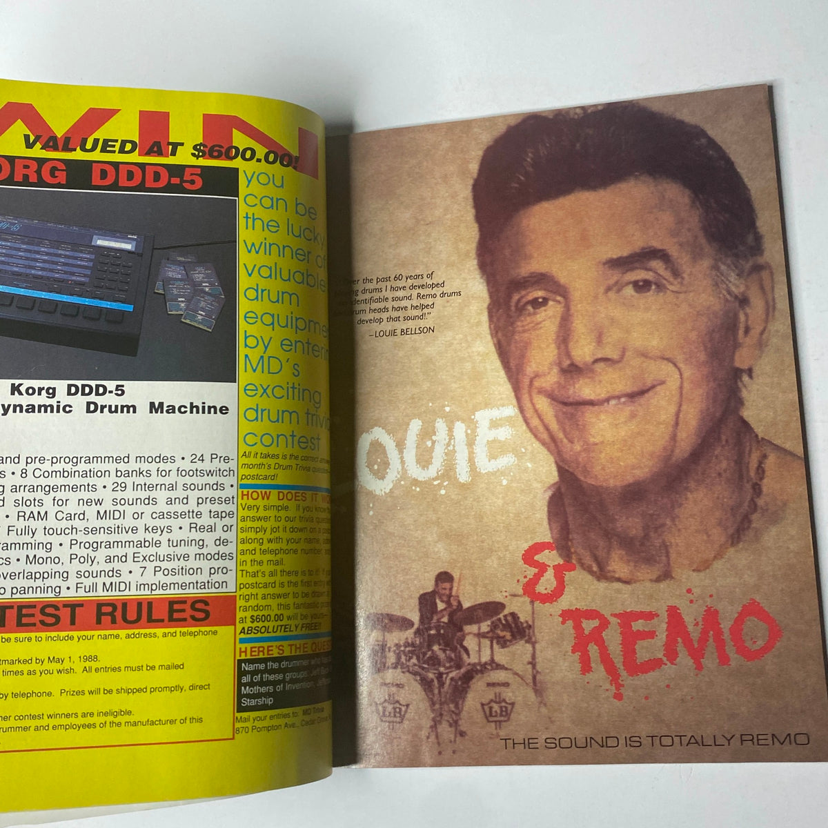 An advertisement in Modern Drummer Magazine April 1988 for the Korg DDD-5, featuring Louie Bellson and promoting the new drum machine contest.