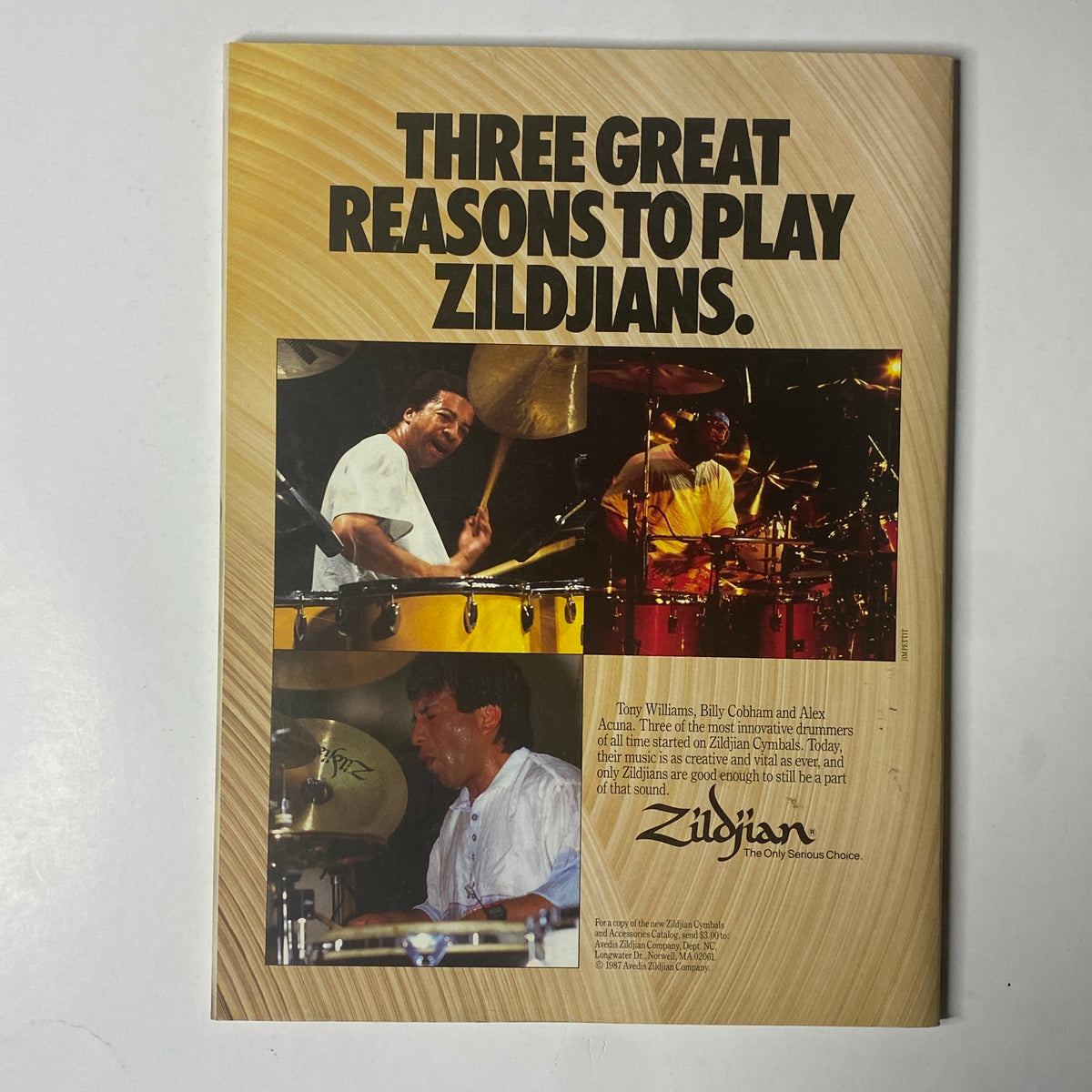 Back cover of Modern Drummer Magazine April 1988, featuring an advertisement for Zildjian cymbals with images of renowned drummers including Jerry Williams and Billy Cobham.