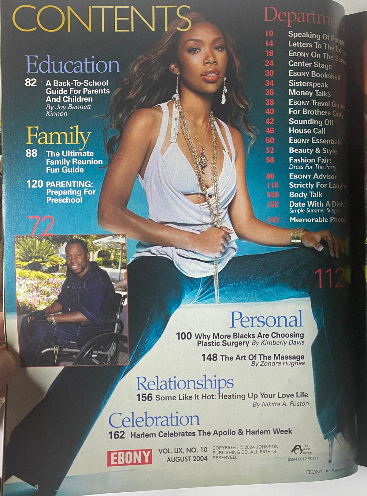Ebony Magazine August 2004 contents page highlighting various sections including Education, Family, Personal, and Relationships, displaying topics such as back-to-school tips and plastic surgery trends.