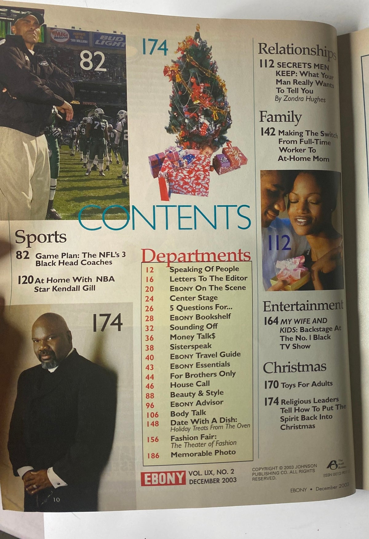 Contents page of Ebony Magazine December 2003, outlining sections on sports, relationships, and family, along with holiday features, highlighting relevant cultural stories and insights.