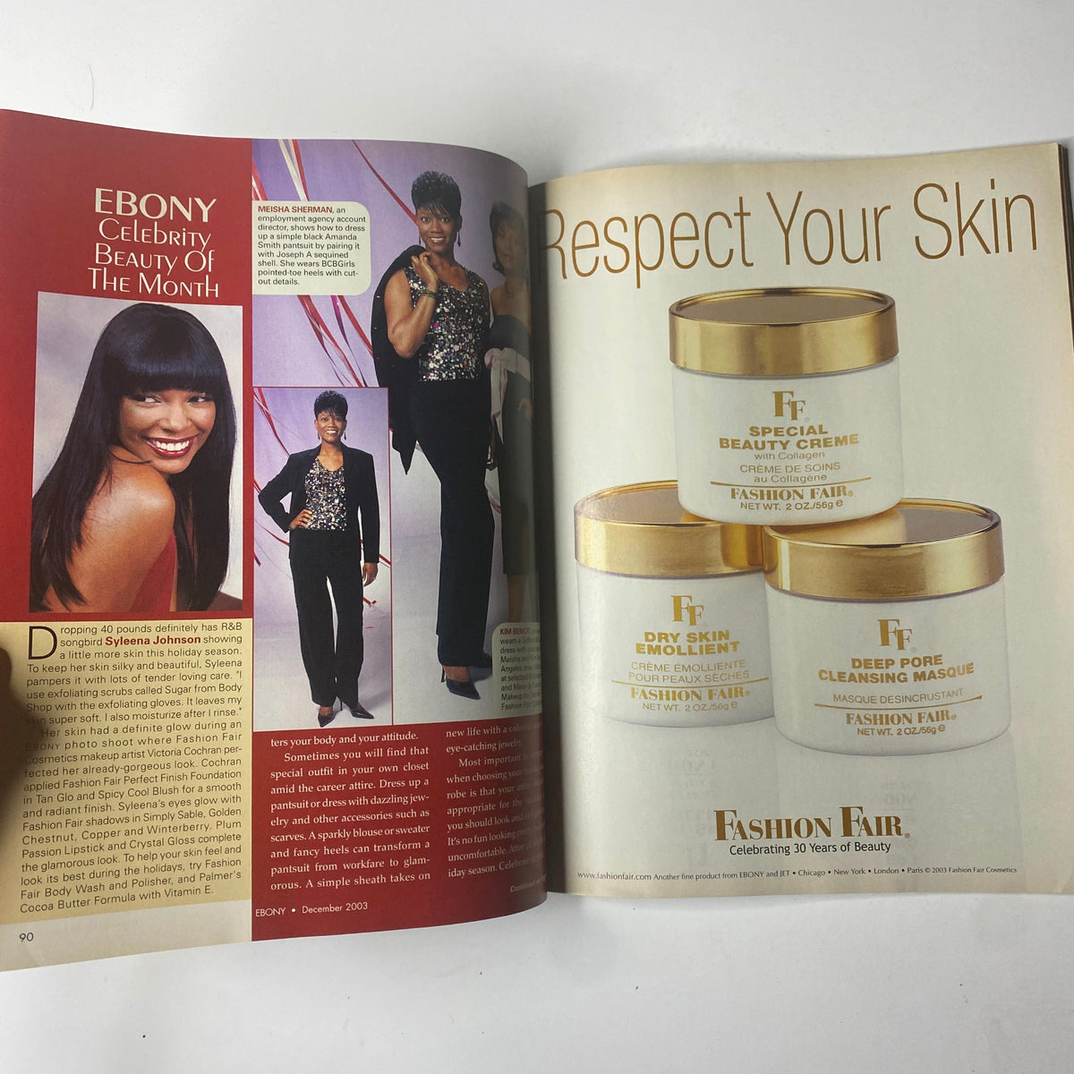An article spread from Ebony Magazine December 2003, featuring the Celebrity Beauty of the Month segment and a promotion for Fashion Fair skincare products, reflecting beauty and wellness themes.