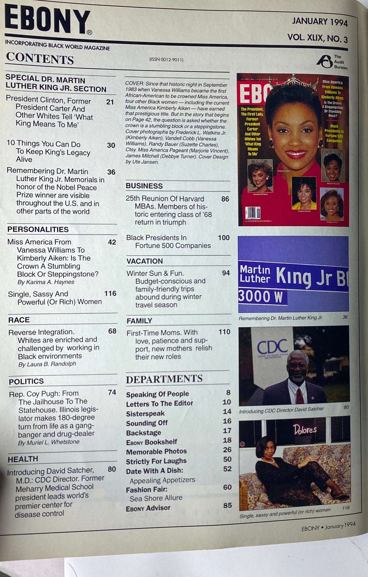 Table of contents from Ebony Magazine January 1994, highlighting features such as special articles on Martin Luther King Jr., business achievements, and family topics.
