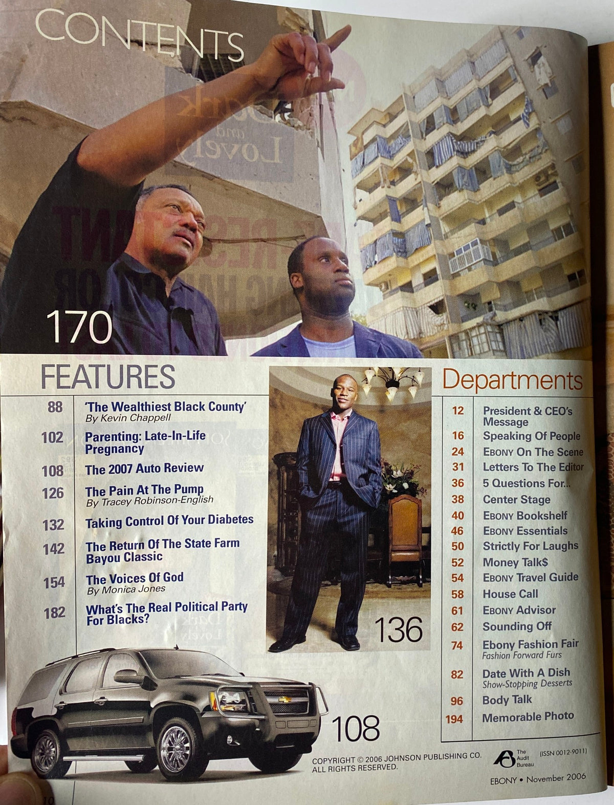 Another contents page from Ebony Magazine November 2006 listing various features including the story on Kirk and Tammy Franklin.