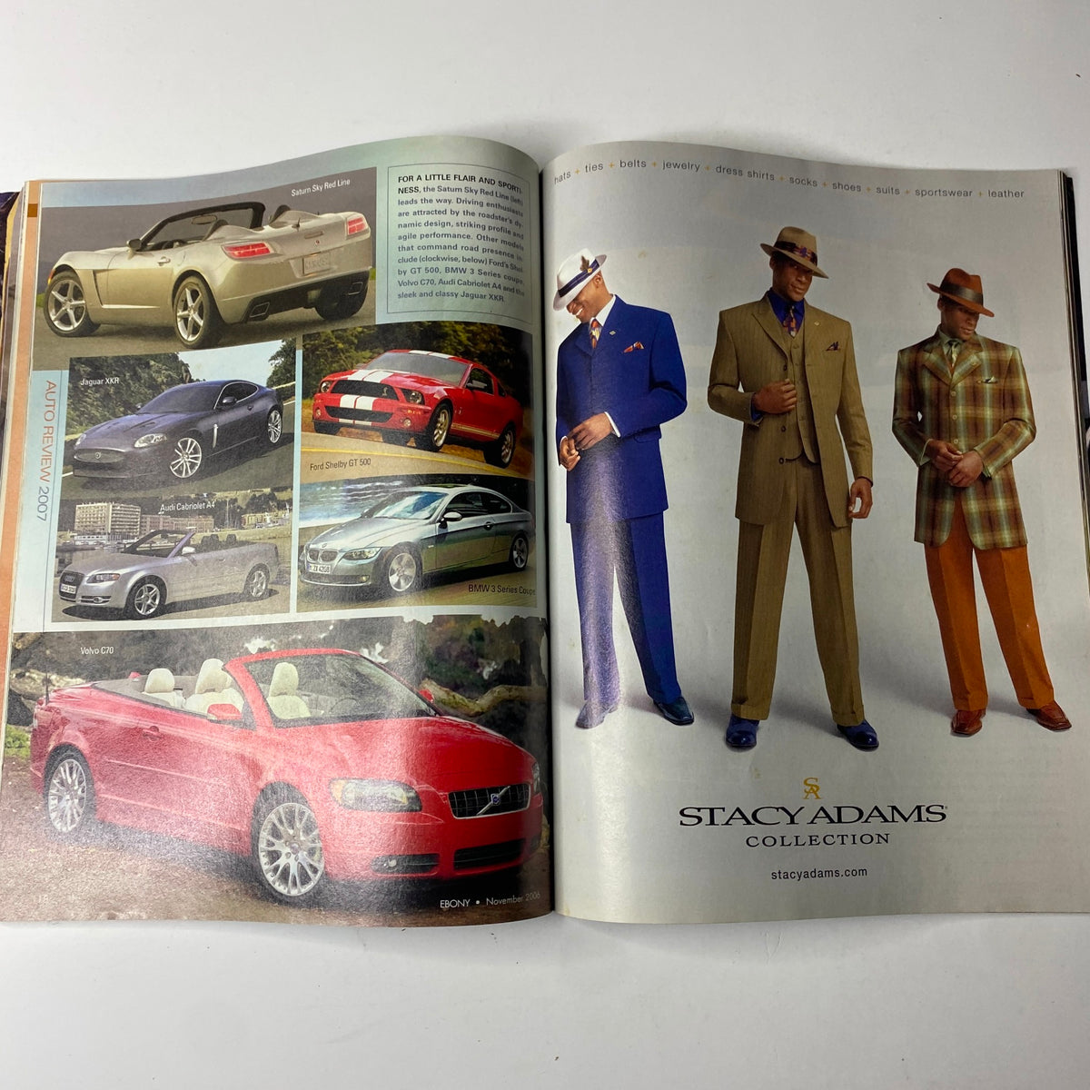 A double-page spread in Ebony Magazine November 2006 advertising the Stacy Adams Collection with fashion displays.