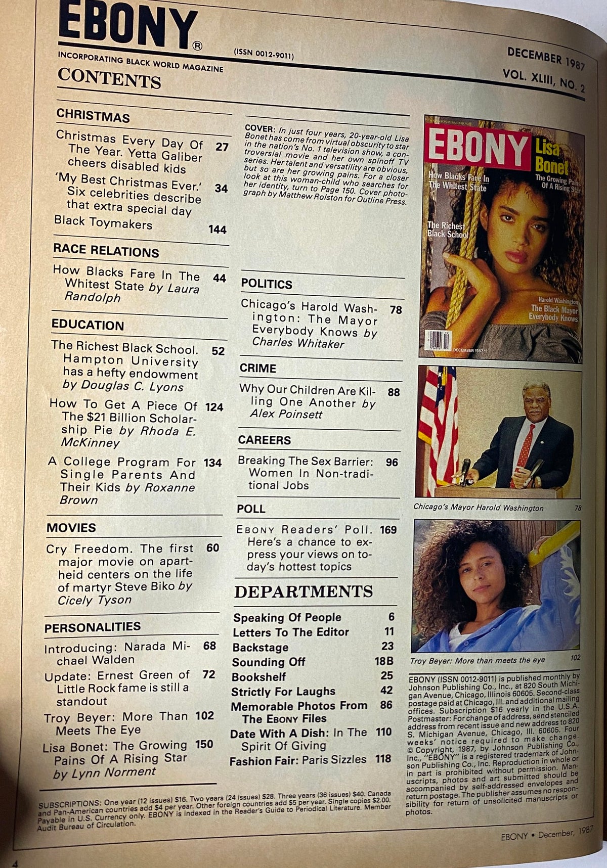 Contents page of Ebony Magazine December 1987, Vol. XLIII, No. 2, detailing articles such as 'How Blacks Fare In The Whitest State' and 'The Richest Black School,' alongside highlights from the cover story featuring Lisa Bonet.