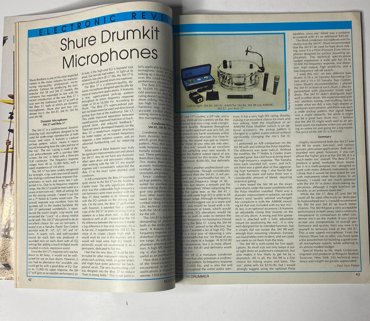 Article on Shure Drumkit Microphones from Modern Drummer Magazine December 1989, showcasing product details and reviews.