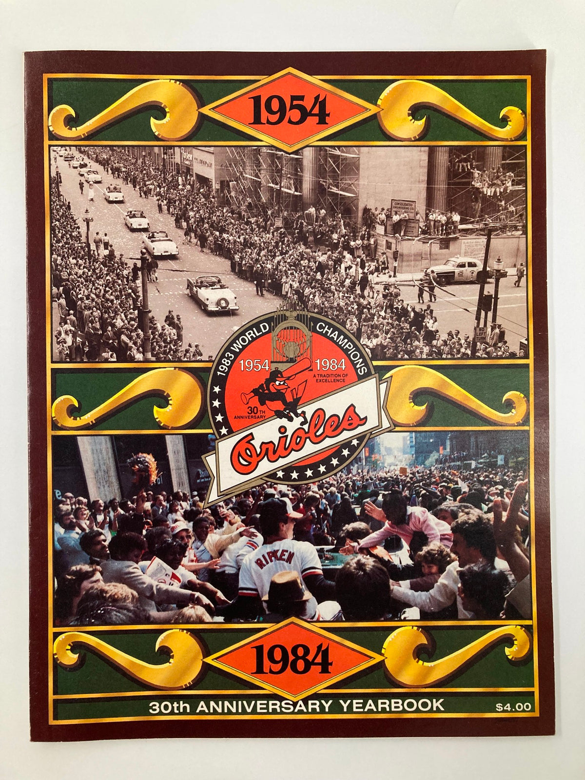 Cover of the 1983 MLB Baltimore Orioles World Champions 30th Anniversary Official Yearbook featuring historical photos from 1954 and 1984, commemorating the Orioles' championship victories.
