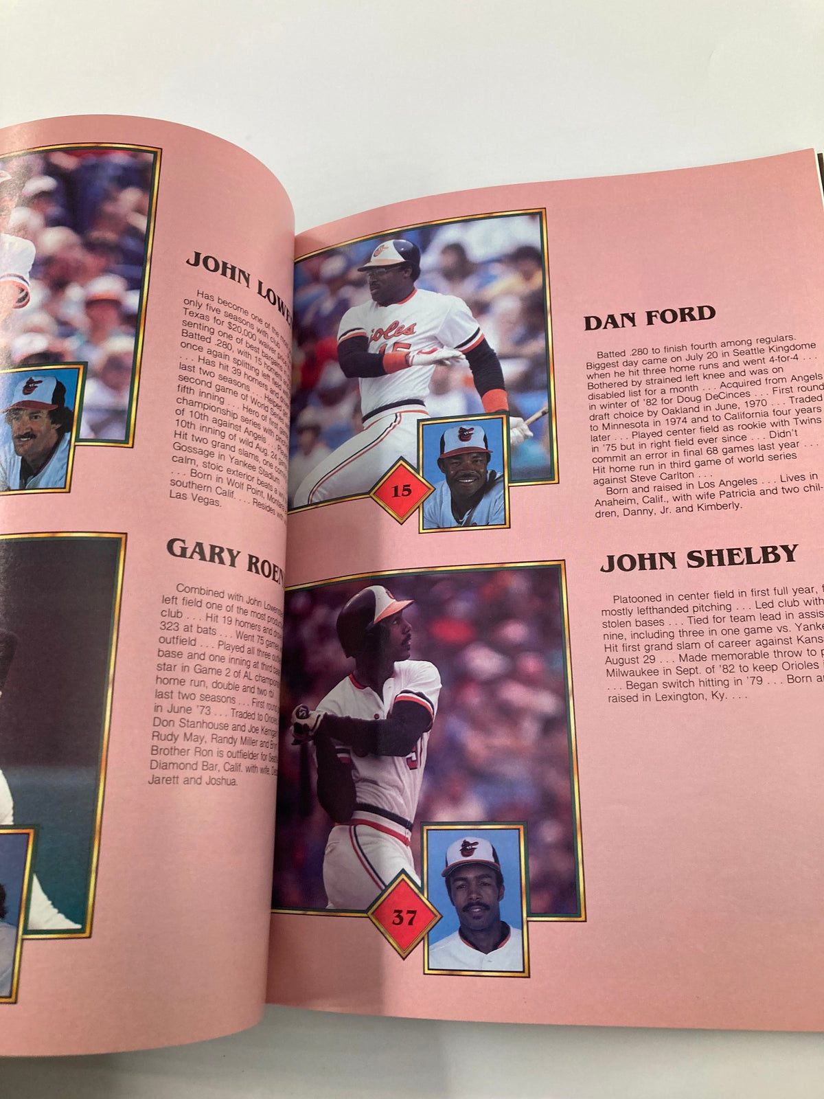 Another interior page of the 1983 MLB Baltimore Orioles World Champions 30th Anniversary Official Yearbook featuring profiles of players like John Lowenstein and Dan Ford, detailing their contributions during the 1983 season.
