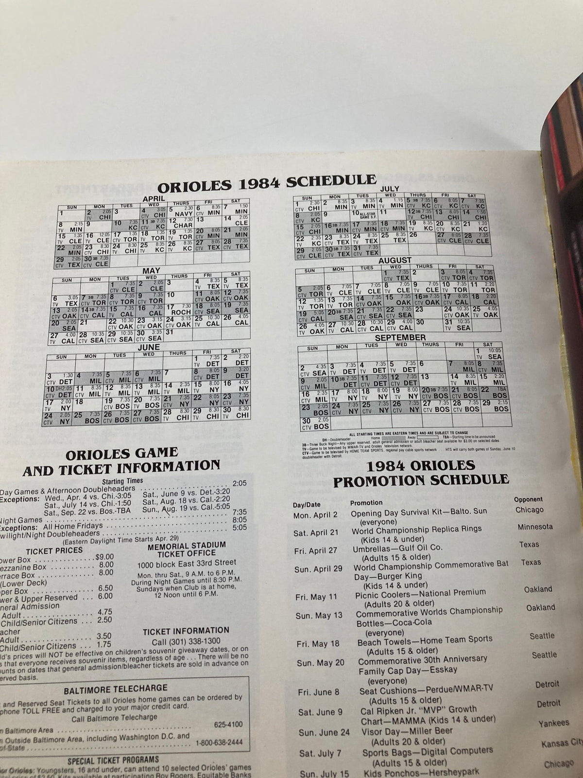 1983 MLB Baltimore Orioles World Champions 30th Anniversary Official Yearbook showcasing the 1984 game schedule and ticket information.