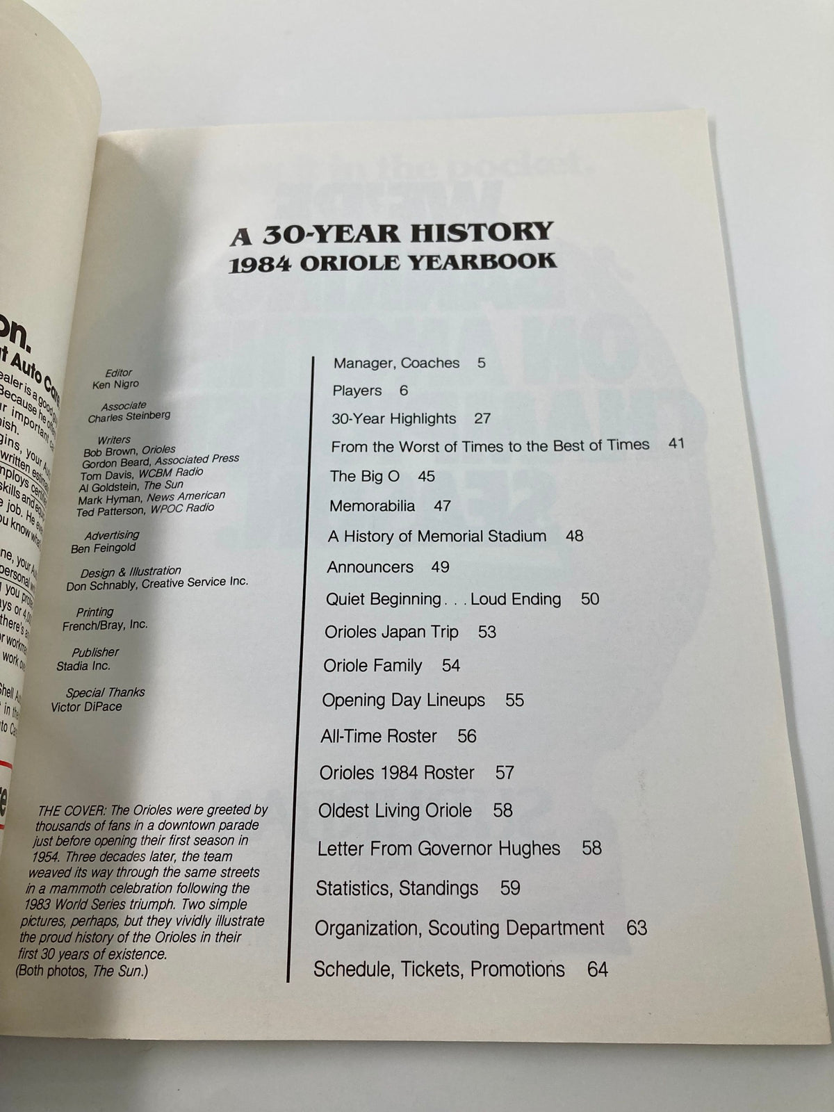 1983 MLB Baltimore Orioles World Champions 30th Anniversary Official Yearbook includes a contents page detailing chapters on history, highlights, and memorabilia.