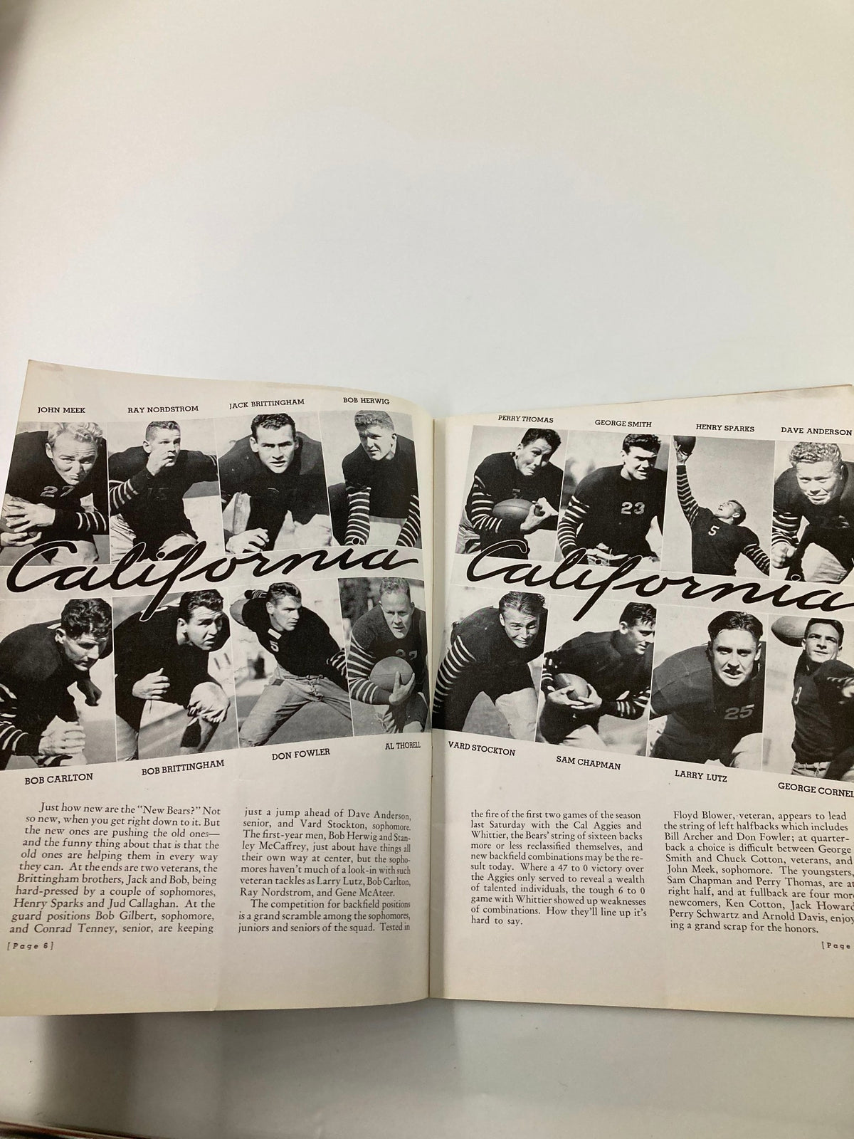 Interior pages of the 1935 NCAA Football California Gridiron vs St. Mary’s Official Program showcasing player photographs and team roster.