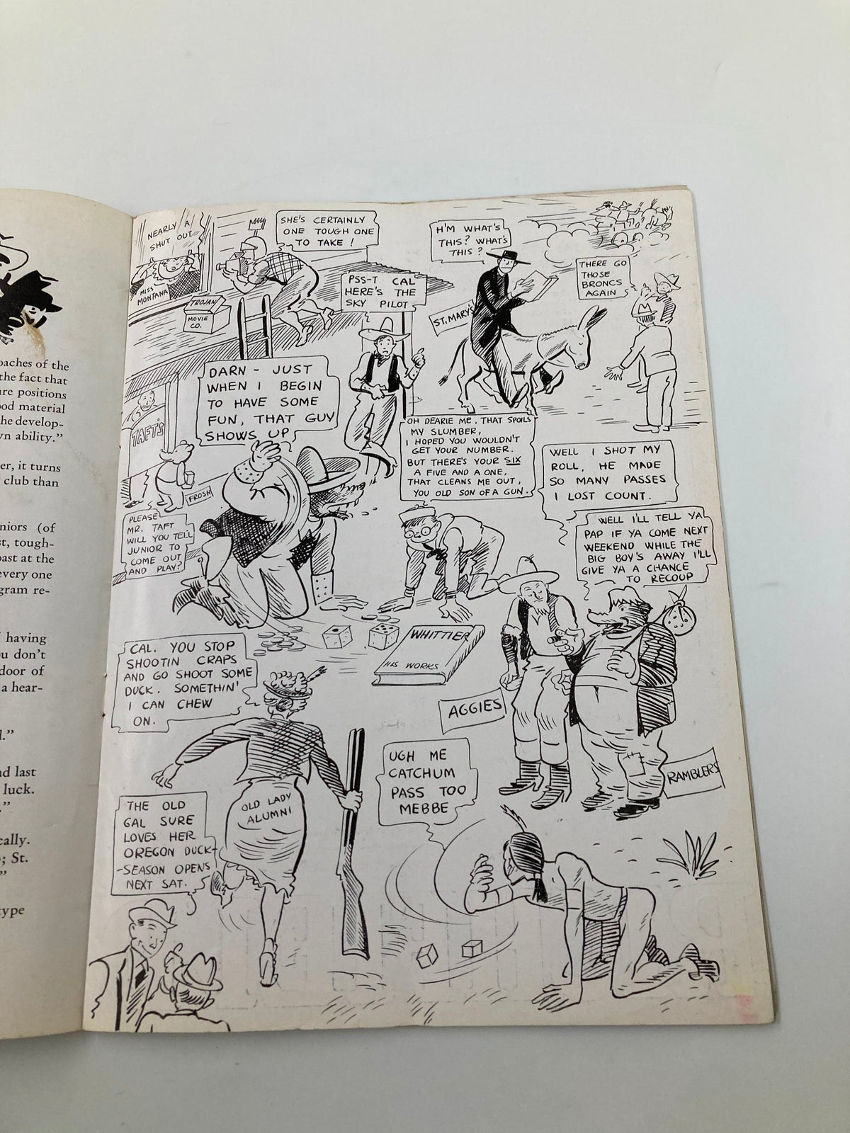 Illustration depicting humorous scenes related to football in the 1935 NCAA Football California Gridiron vs St. Mary’s Official Program.
