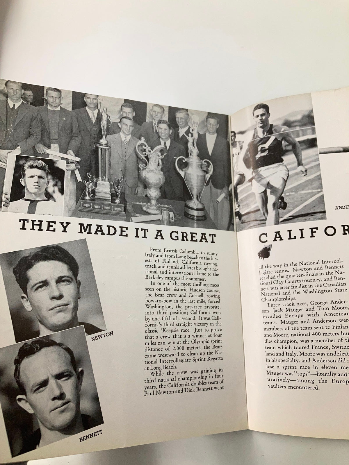 Image from the 1935 NCAA Football California Gridiron vs St Mary’s Official Program showing notable athletes including Paul Newton and Dick Bennett, highlighting their achievements in the sport.