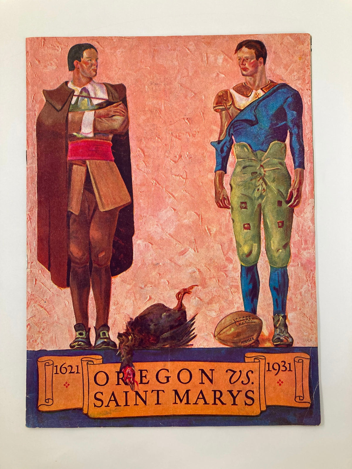 Cover of the 1931 NCAA Football Oregon Ducks vs Saint Mary's Gaels Official Program featuring artwork of two football players representing the teams, Oregon and Saint Mary's.