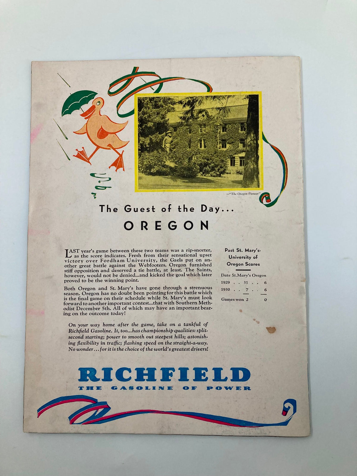 Cover of the 1931 NCAA Football Oregon Ducks vs Saint Mary's Gaels Official Program, illustrating the guest of the day acknowledgment with a colorful design and Oregon imagery.