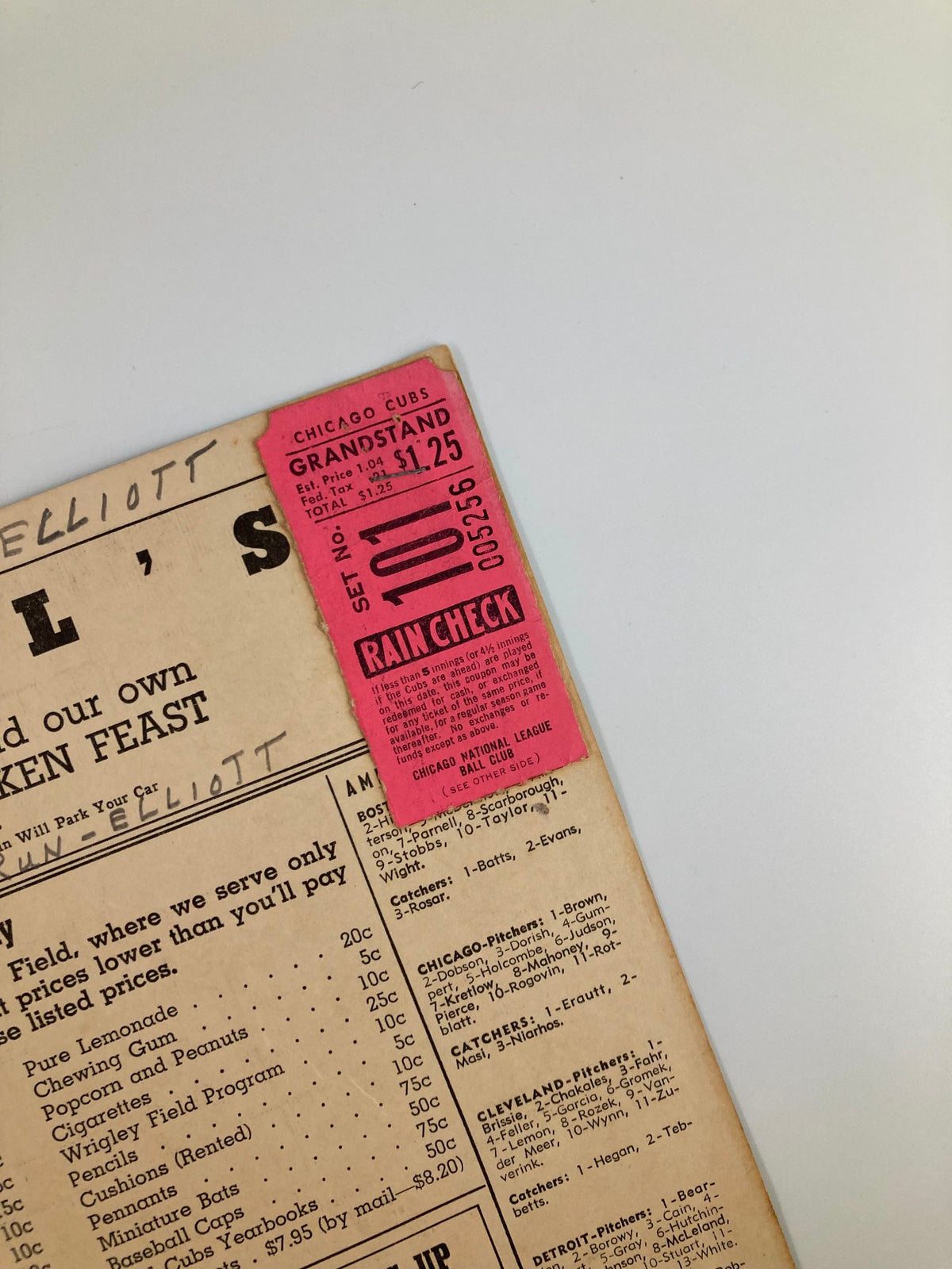 Close-up of a grandstand rain check ticket from the 1951 MLB game between the Chicago Cubs and Boston Red Sox, featuring price details.
