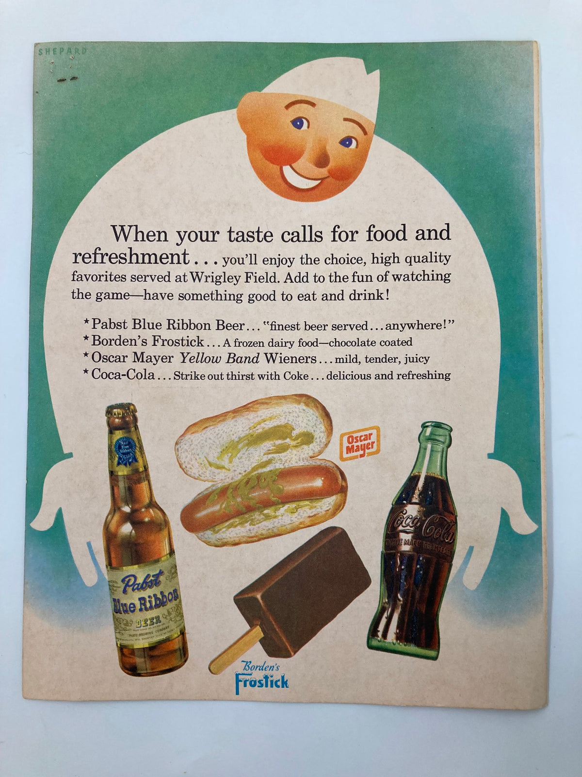 Vintage food and beverage advertisement from the 1951 MLB Chicago Cubs vs Boston Red Sox Official Program, featuring Pabst Blue Ribbon beer and Oscar Mayer hot dogs.