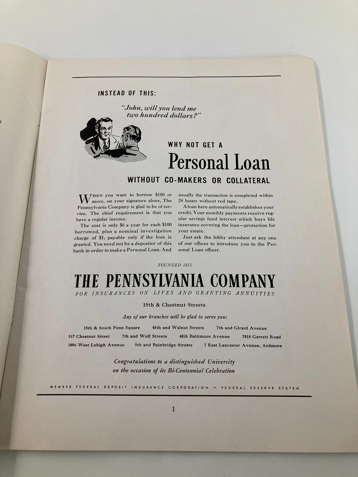 Interior page of the 1940 NCAA Football Navy vs Pennsylvania Official Statistics Program, featuring an advertisement for The Pennsylvania Company, adding historical context.
