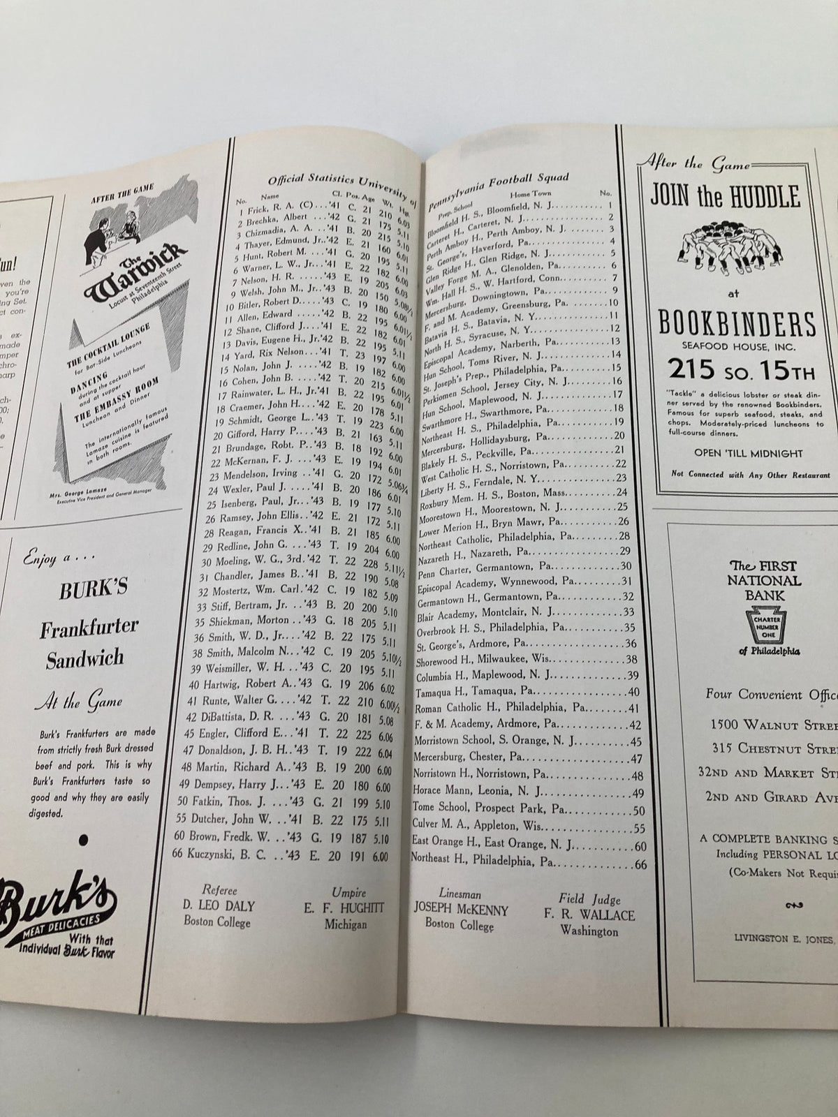 Interior page of the 1940 NCAA Football Navy vs Pennsylvania Official Statistics Program showcasing official statistics and team rosters.