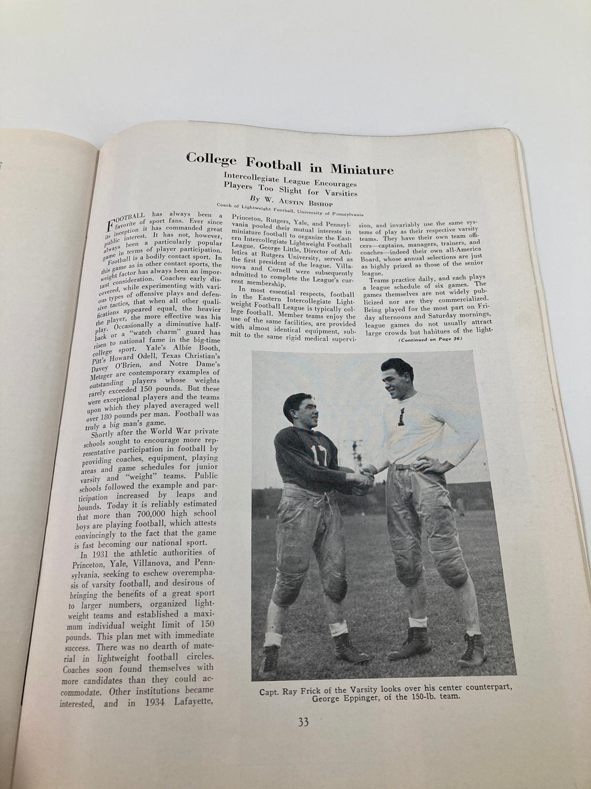 Page from the 1940 NCAA Football Navy vs Pennsylvania Official Statistics Program featuring historical commentary on college football and a photograph of players.
