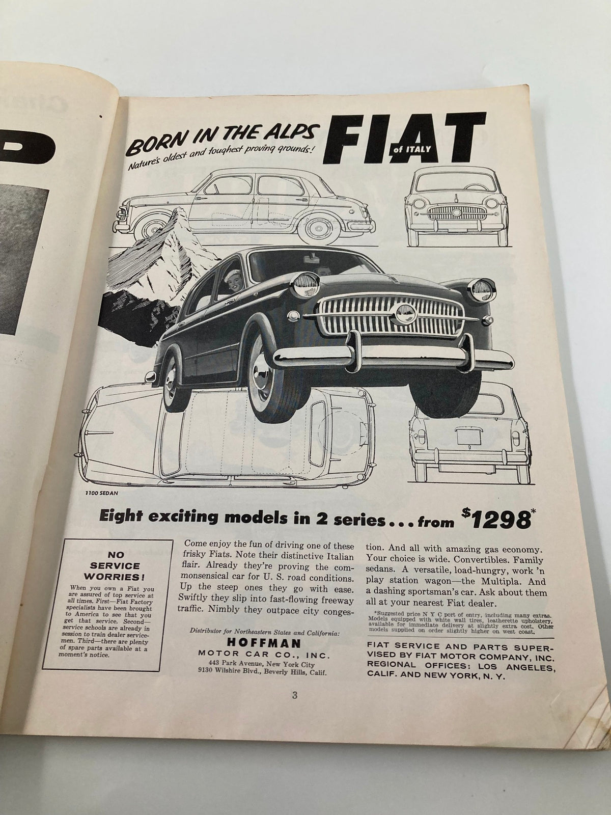 Interior page from the 1940 NCAA Football Army vs Navy Official Program displaying an advertisement for Fiat cars, exemplifying the era's design.