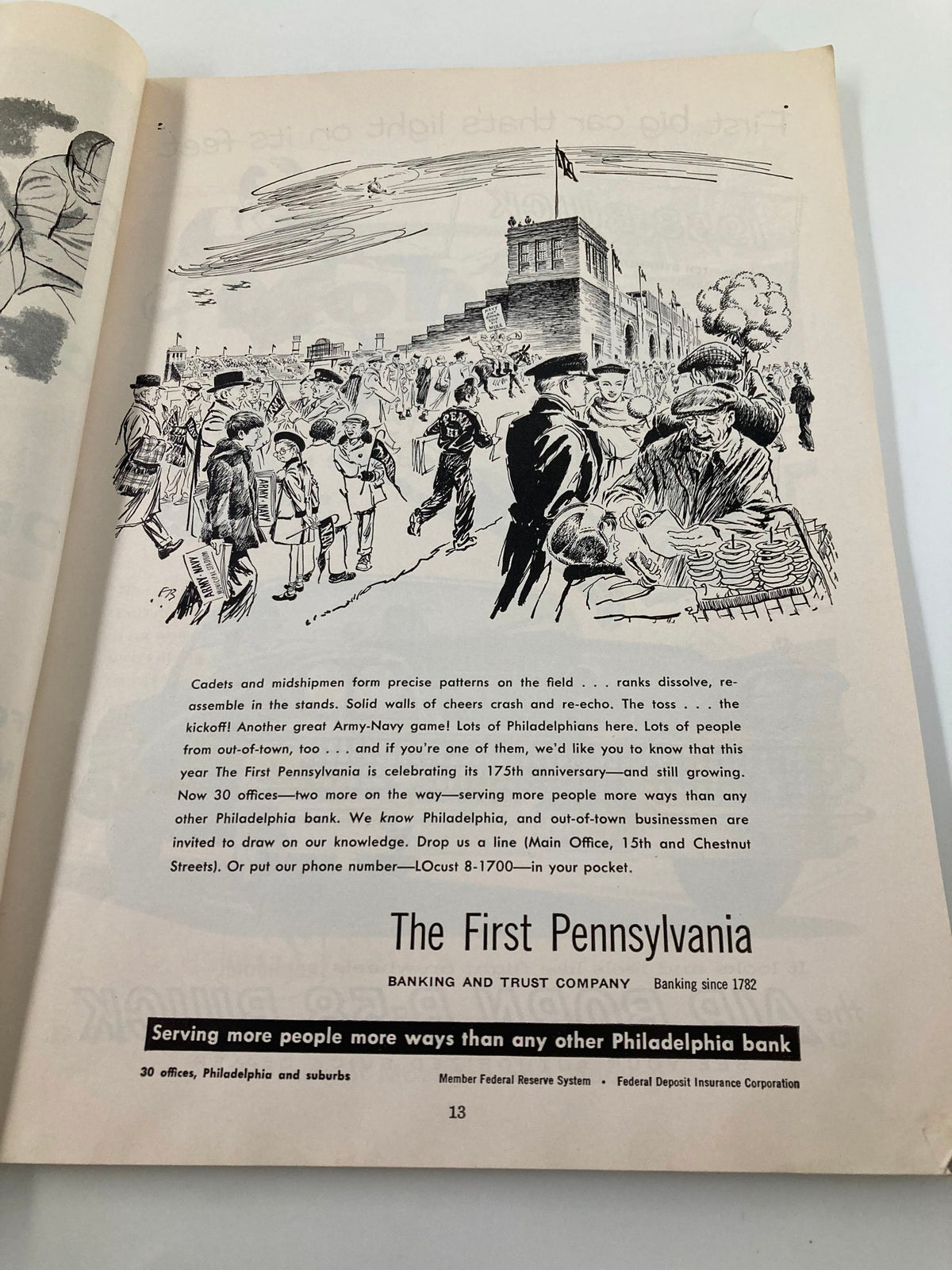 1940 NCAA Football Army vs Navy Official Program illustration depicting a scene at the football game, showcasing fans and cadets.