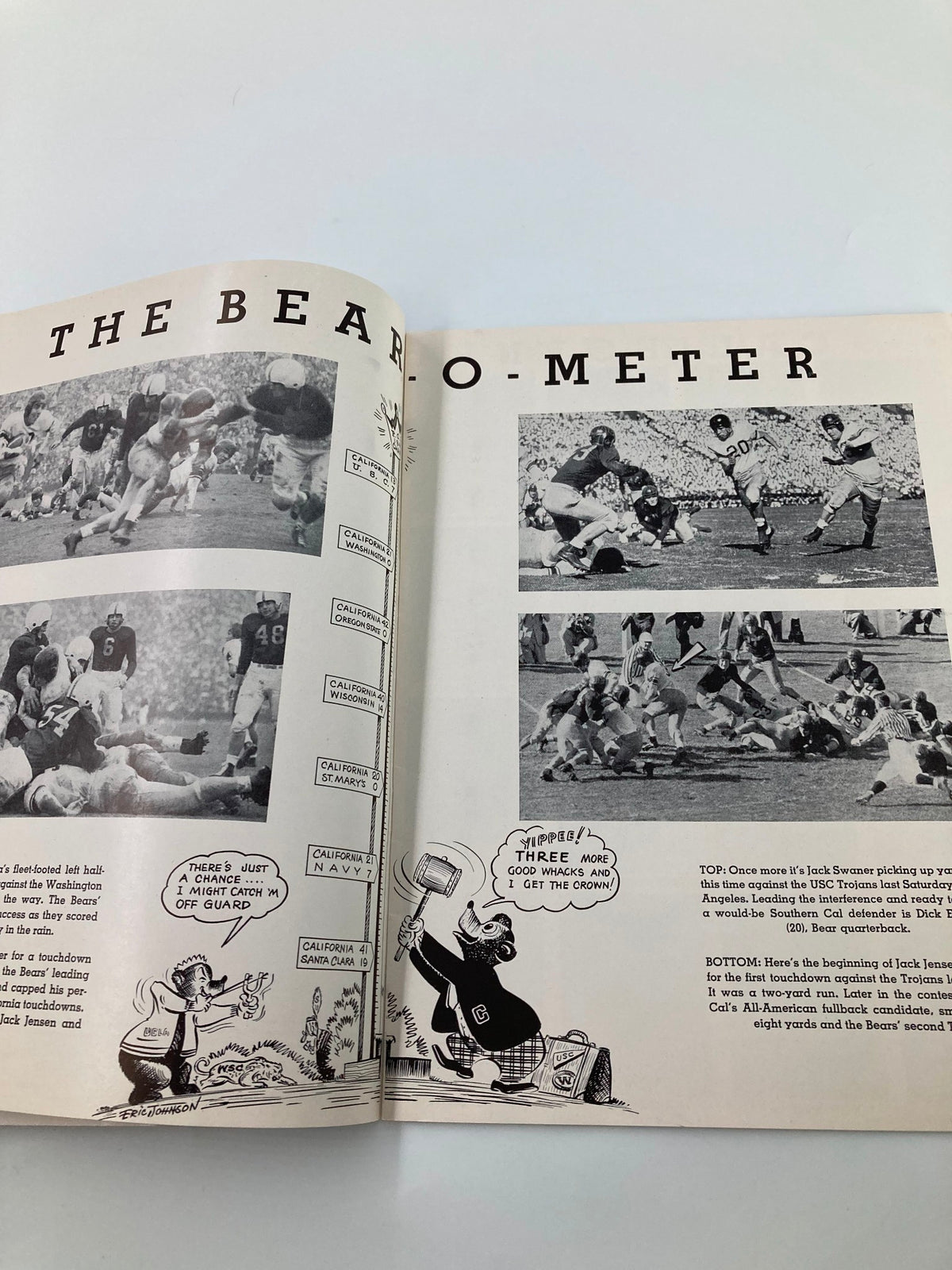 Page from the 1948 NCAA Football program with 'Bear O-Meter' and images of football action, highlighting the game between UCLA Bruins and California Golden Bears.