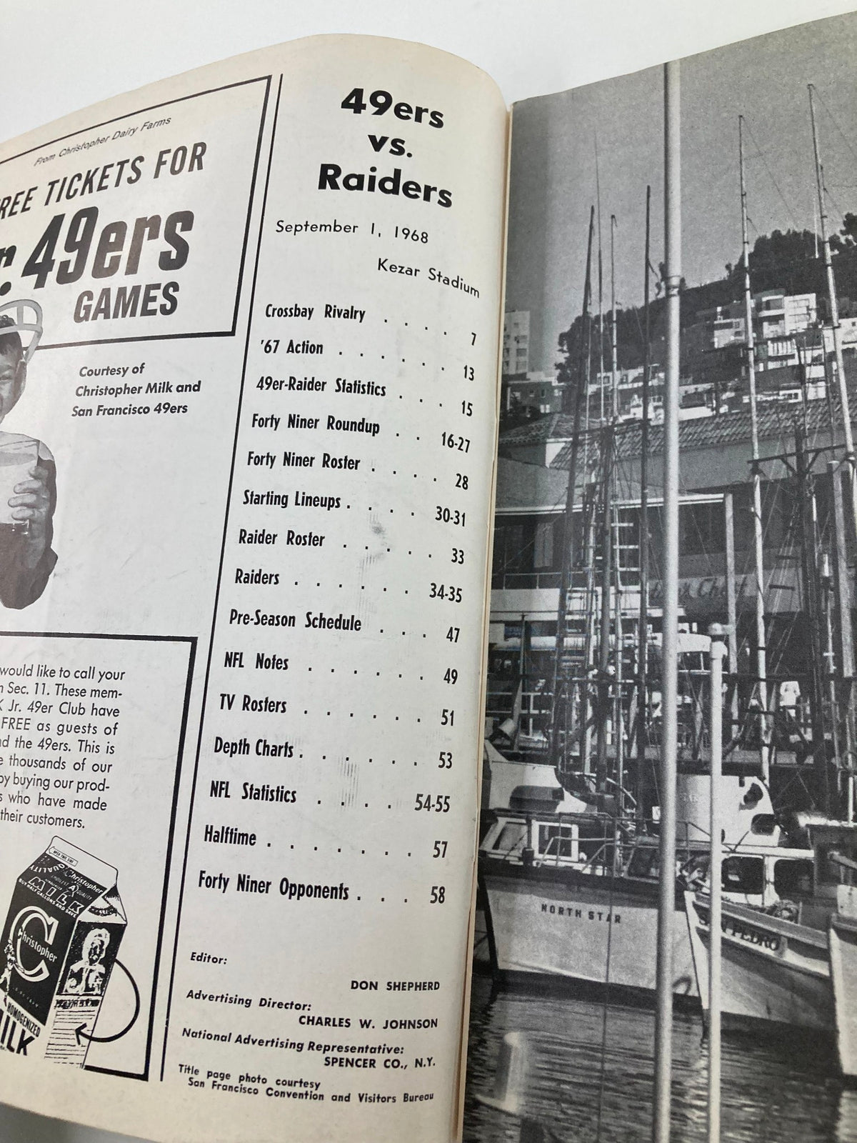 Inside page of the 1968 NFL Illustrated Las Vegas Raiders vs San Francisco 49ers Official Program showing match statistics and player lineups for the game held on September 1, 1968.