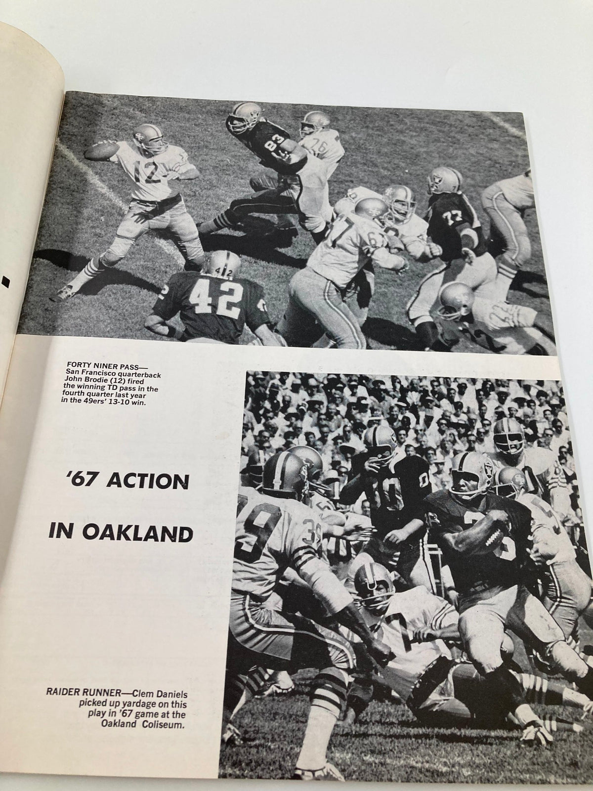 Page displaying black and white images from the 1968 NFL Illustrated Las Vegas Raiders vs San Francisco 49ers Official Program, depicting gameplay action involving the San Francisco 49ers quarterback.