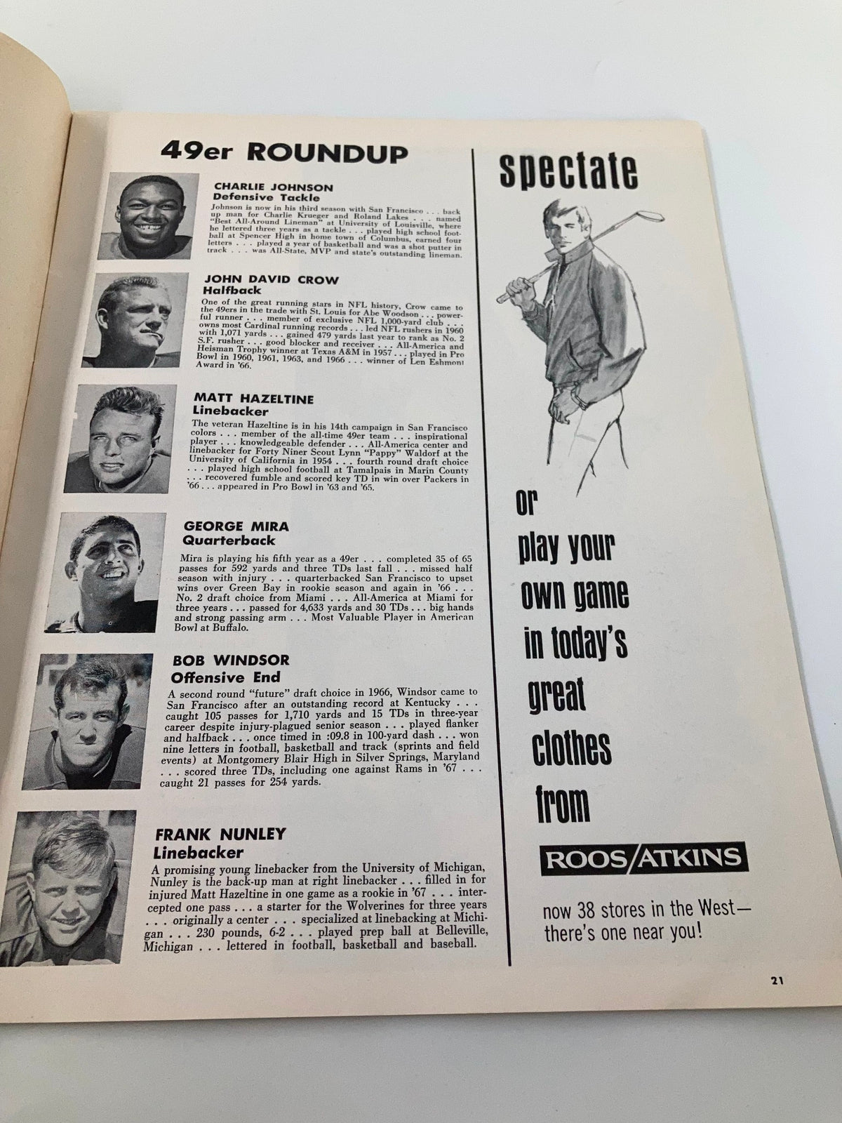 49ers player profiles and statistics from the 1968 NFL Illustrated Las Vegas Raiders vs San Francisco 49ers Official Program, featuring notable players and their positions.