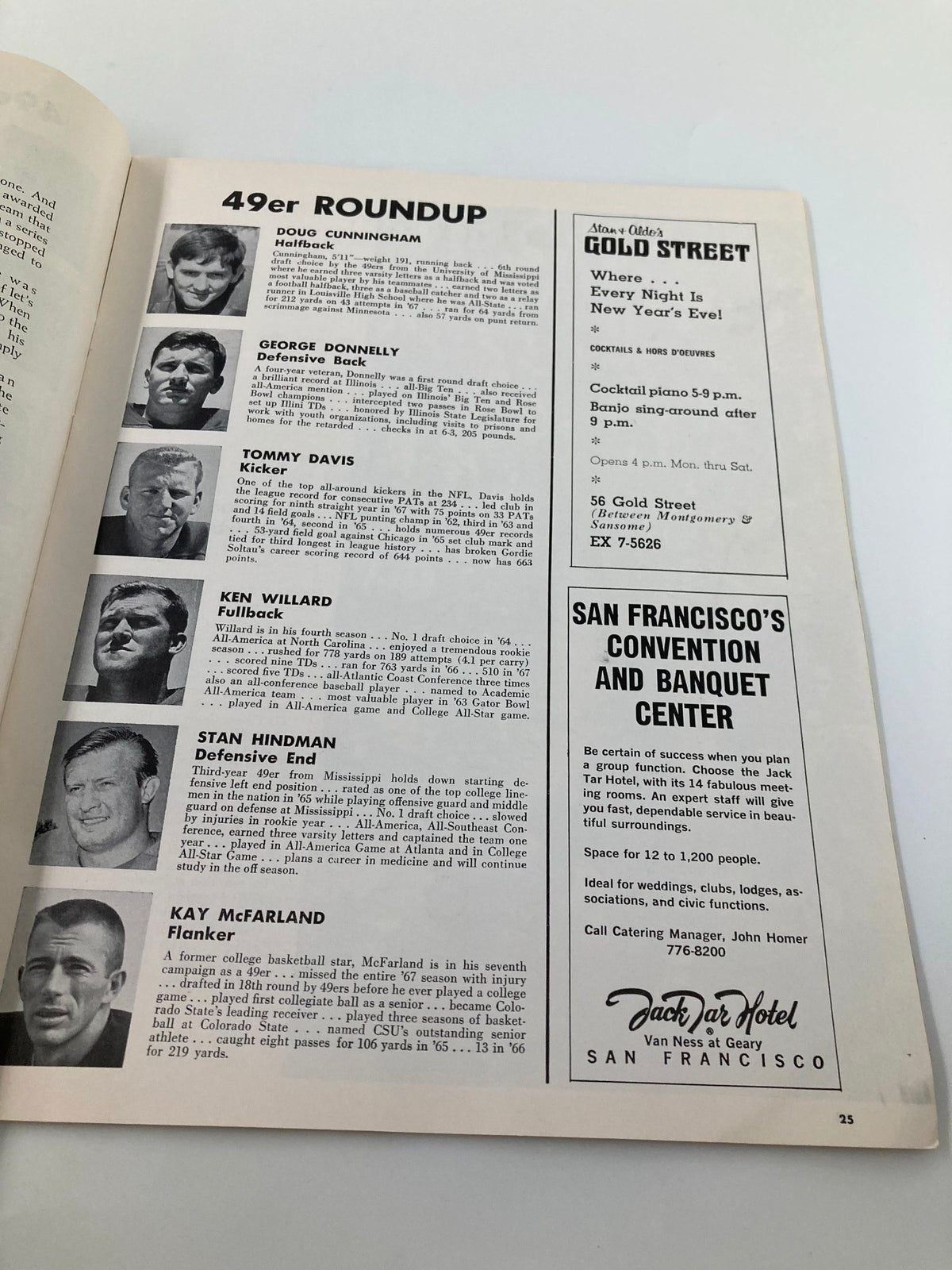 Continued player profiles and advertisements from the 1968 NFL Illustrated Las Vegas Raiders vs San Francisco 49ers Official Program, showcasing various team players and social events.