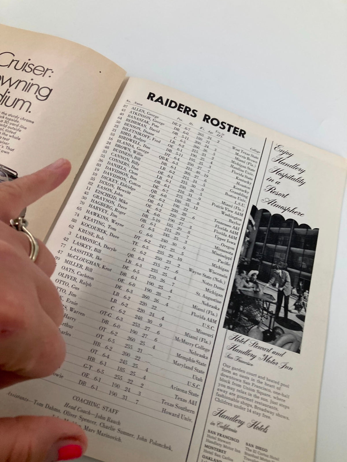Close-up of the Raiders roster from the 1968 NFL Illustrated Las Vegas Raiders vs San Francisco 49ers Official Program, showing detailed player information.