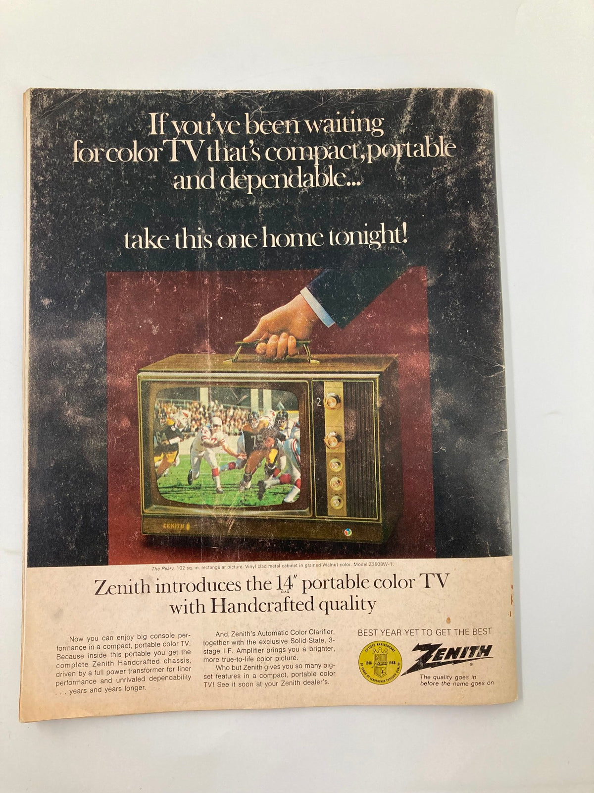 Back cover of the 1968 NFL Illustrated Las Vegas Raiders vs San Francisco 49ers Official Program featuring an advertisement for Zenith's 14" portable color TV.