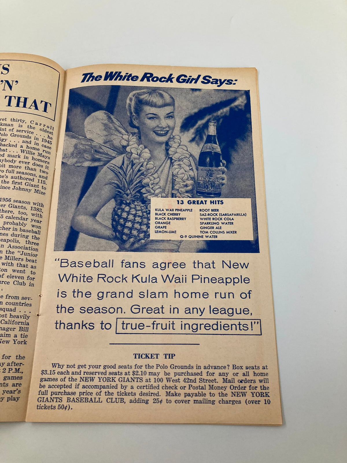 Image from the 1956 MLB New York Giants Official Program and Score Card featuring the White Rock Girl promoting Kula Wai Pineapple drink, showcasing vintage advertisements from the era.
