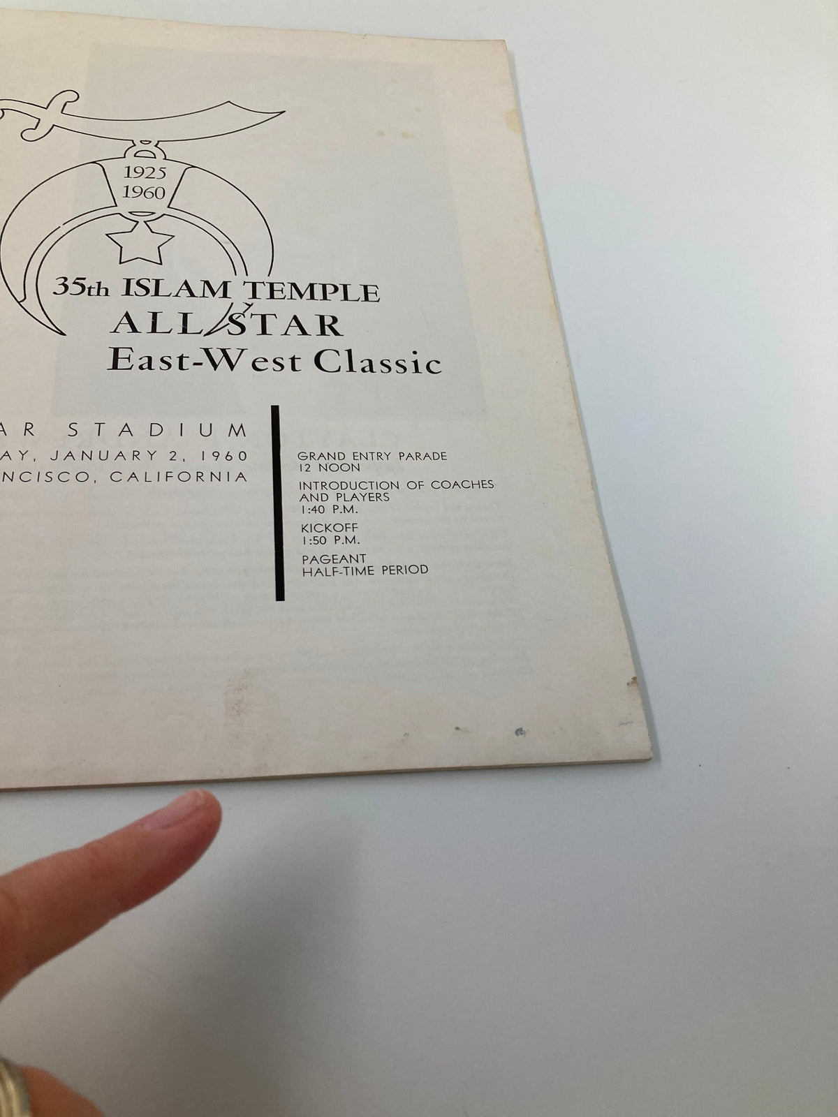 Inside page of the 1960 Islam Temple All-Star Football Game East vs West Official Program, containing event details and schedule from January 2, 1960.