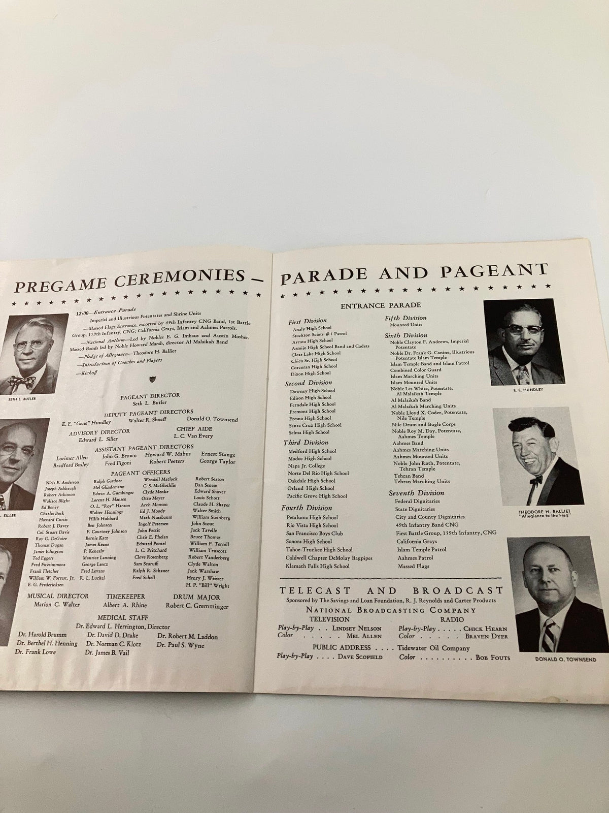 1960 Islam Temple All-Star Football Game East vs West Official Program interior page detailing pregame ceremonies, parade, and pageant information.
