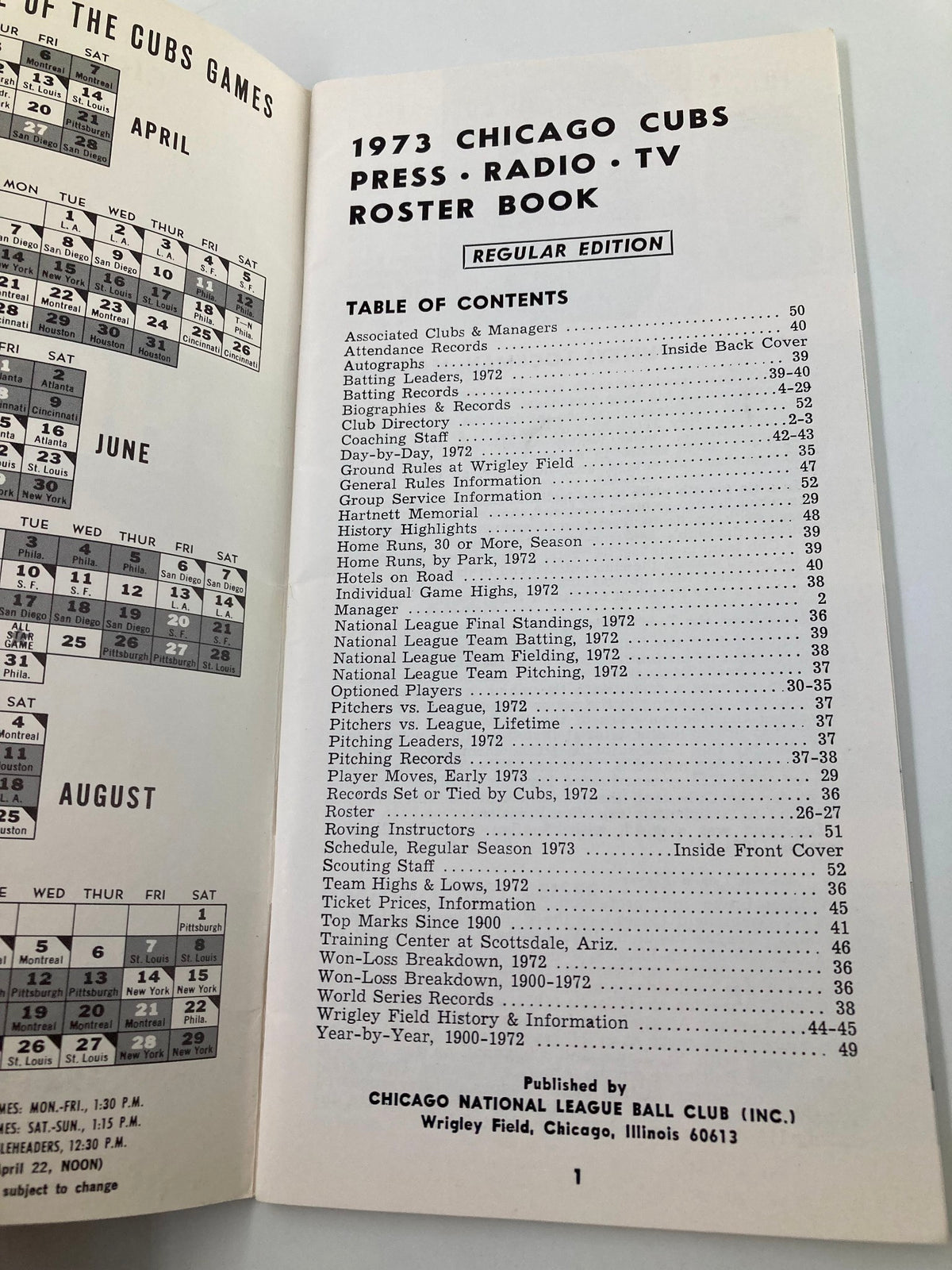 Inside page of the 1973 MLB Chicago Cubs Official Roster Book displaying the table of contents, detailing club managers, records, and biographies.