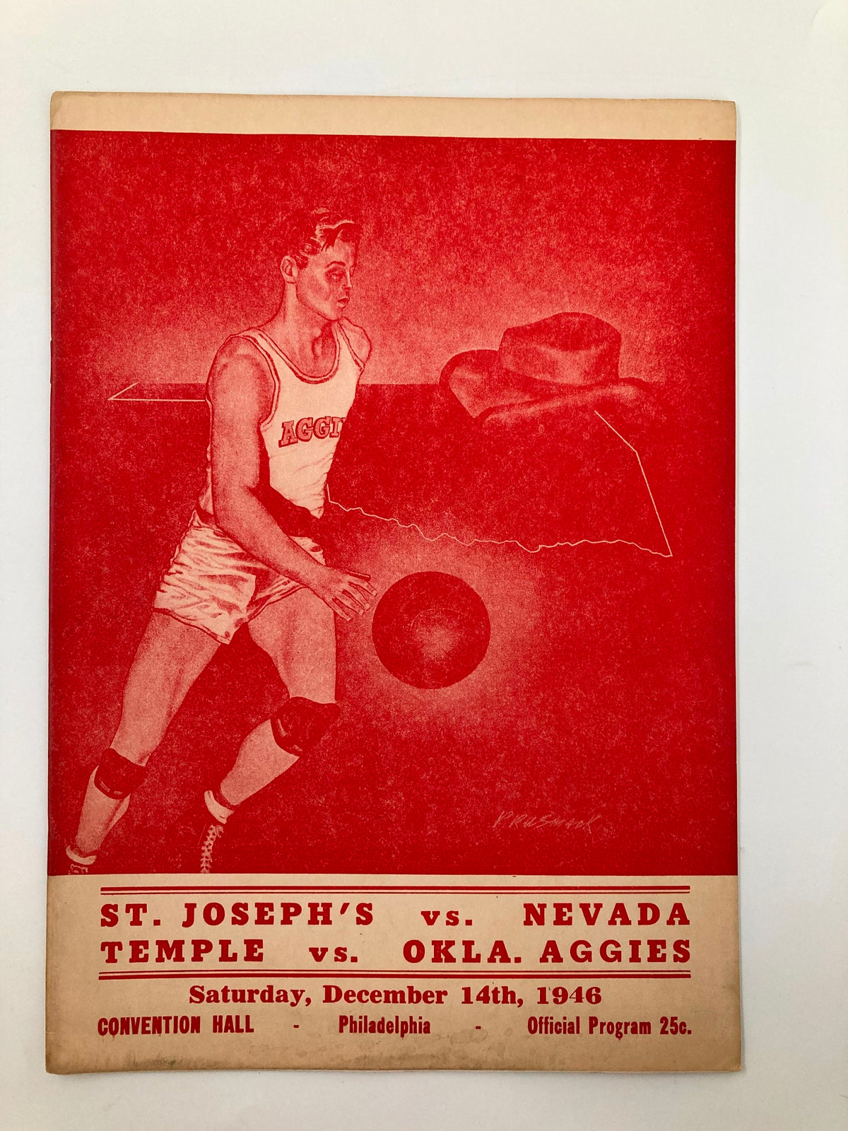 1946 NCAA Basketball St. Joseph's Hawks vs Nevada Wolf Pack Official Program cover featuring a player in action, highlighting the historical significance of college basketball.