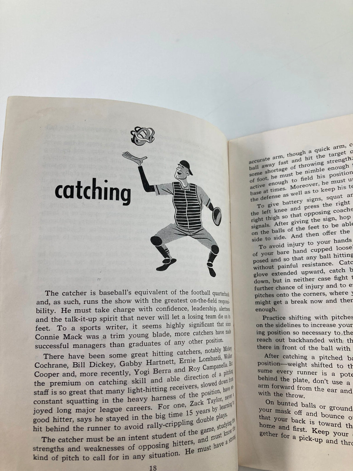 Illustration from '1946 Stan Musial's How The Majors Play Baseball by Bob Broeg' showing a catcher in action with the title 'catching'.