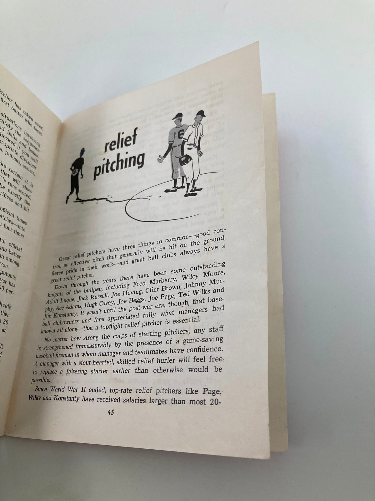 Illustration from '1946 Stan Musial's How The Majors Play Baseball by Bob Broeg' depicting relief pitching, highlighting key techniques in the game.