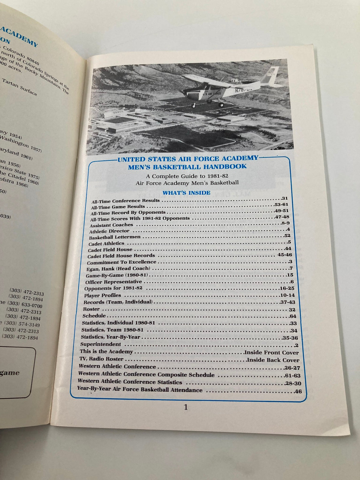 Inside page of the 1981-1982 Western Athletic Conference Air Force Basketball Program, listing the contents and featuring an image of the Air Force Academy campus.