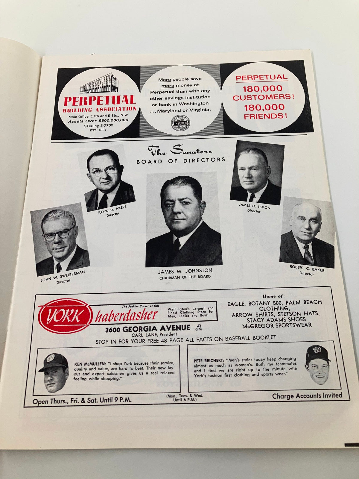 Inside page of the 1996 Baseball The Senators American League Official Scoreboard Program showcasing an advertisement for the Perpetual Building Association and featuring images of the board of directors.