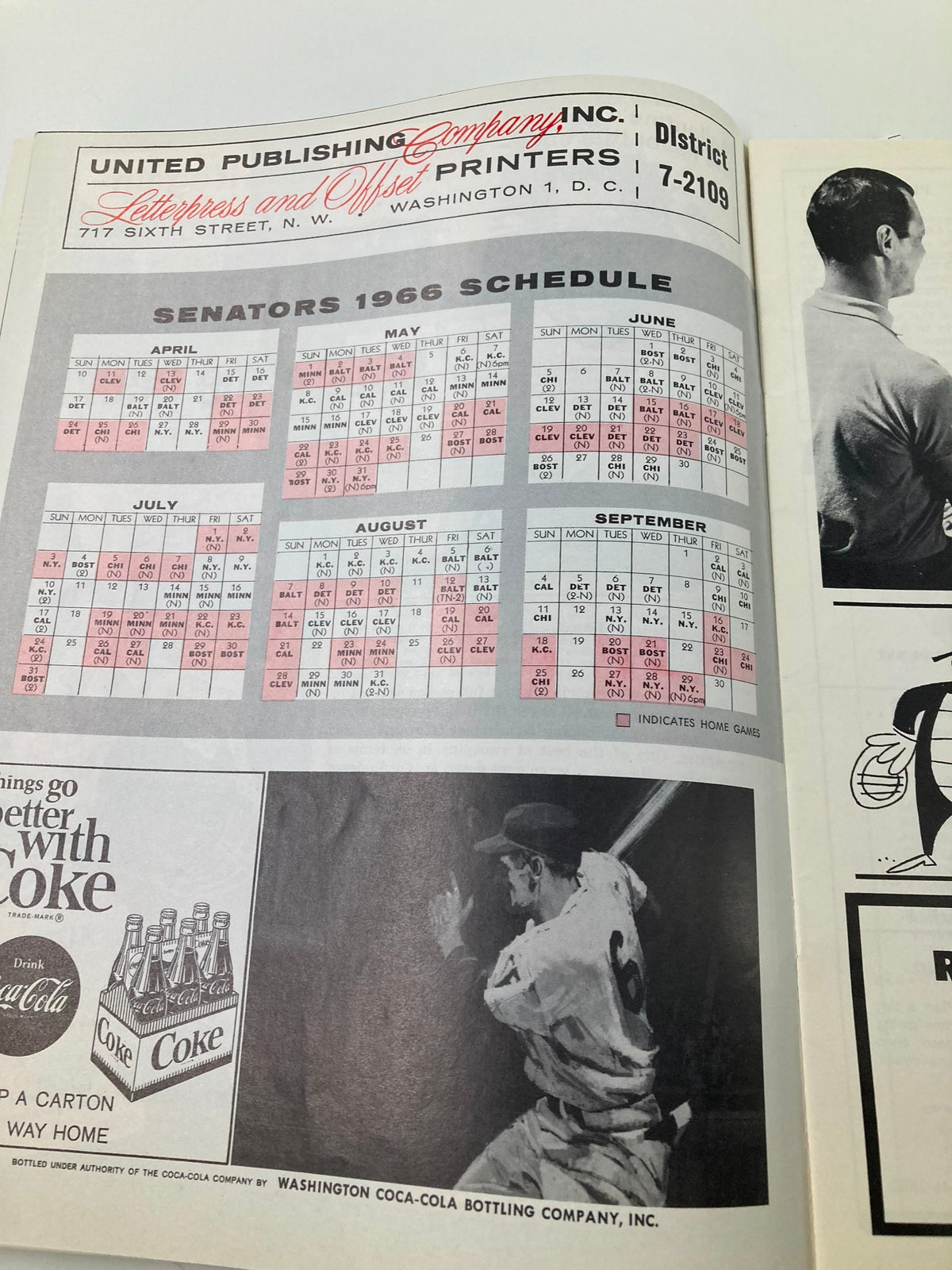 Schedule page from the 1996 Baseball The Senators American League Official Scoreboard Program displaying the 1966 schedule with highlighted home games and featuring an advertisement for Coca-Cola.